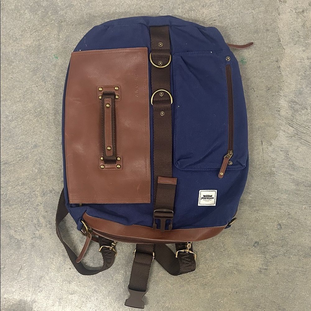 Men's Navy Canvas Backpack with Brown Leather Trim - Travel & Work